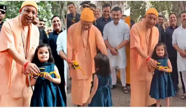 गोरखपुर में बच्ची ने CM योगी को खिलौना बुलडोजर दिया, मुख्यमंत्री ने मासूम को चॉकलेट और हिदायत दी