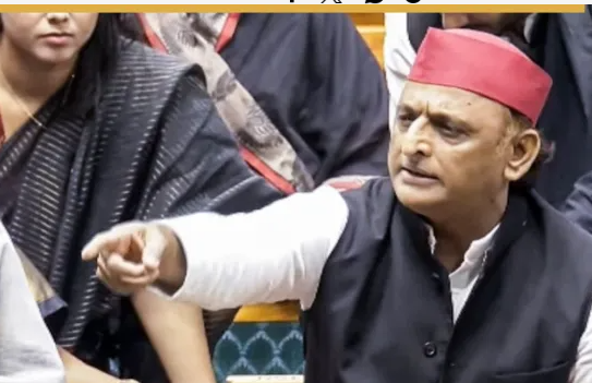 Akhilesh Yadav delivering a speech in Parliament on the paper leak controversy and student concerns