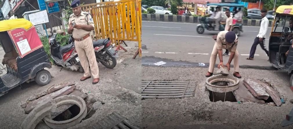 भोपाल: श्यामला हिल्स मेन रोड पर खुले ड्रेनेज चैंबर को SI ने पत्थर रखकर किया सुरक्षित, संभावित बड़ा हादसा टला — नगर निगम की लापरवाही पर उठे सवाल