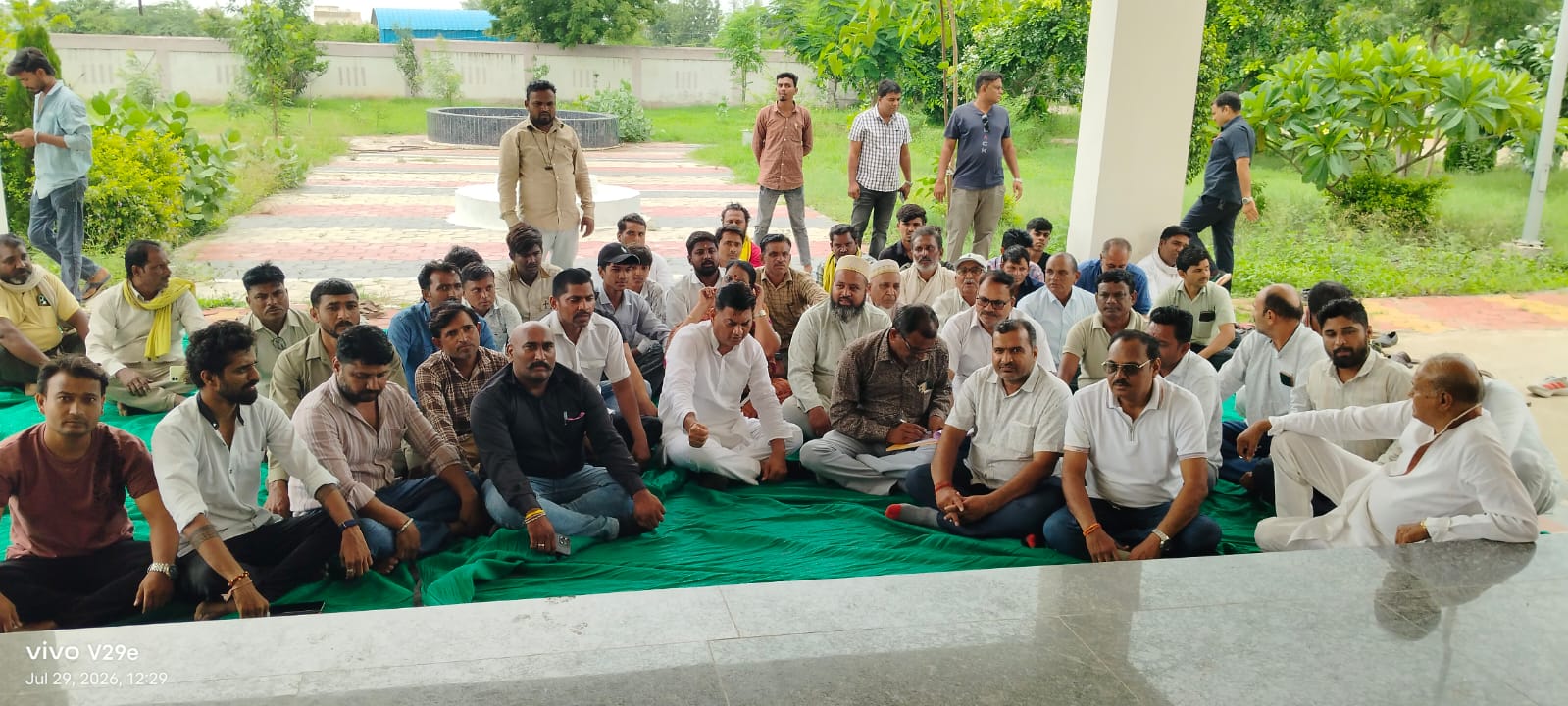 Manawar MLA Dr. Hiralal Alawa and Congress workers stage a sit-in protest outside the SDM office in Dhar district, demanding that the newly approved Jawahar Navodaya Vidyalaya be established in Manawar instead of Tarapur, while submitting a memorandum to the Governor
