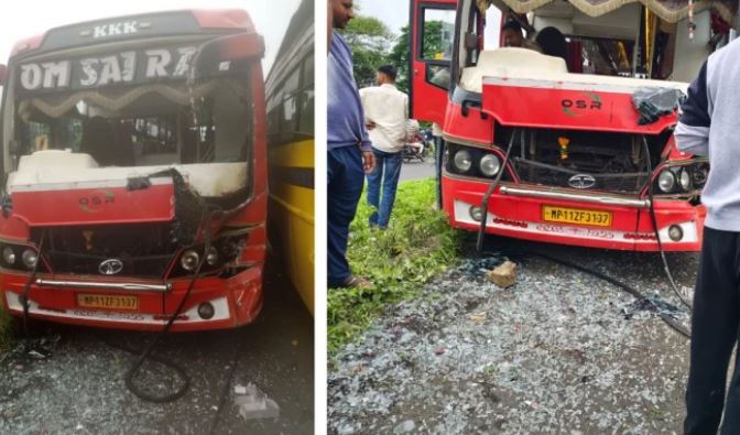 धार में ओवरटेक के दौरान बड़ा हादसा: निजी बस ने स्कूल बस को मारी टक्कर, बच्चों समेत कई घायल