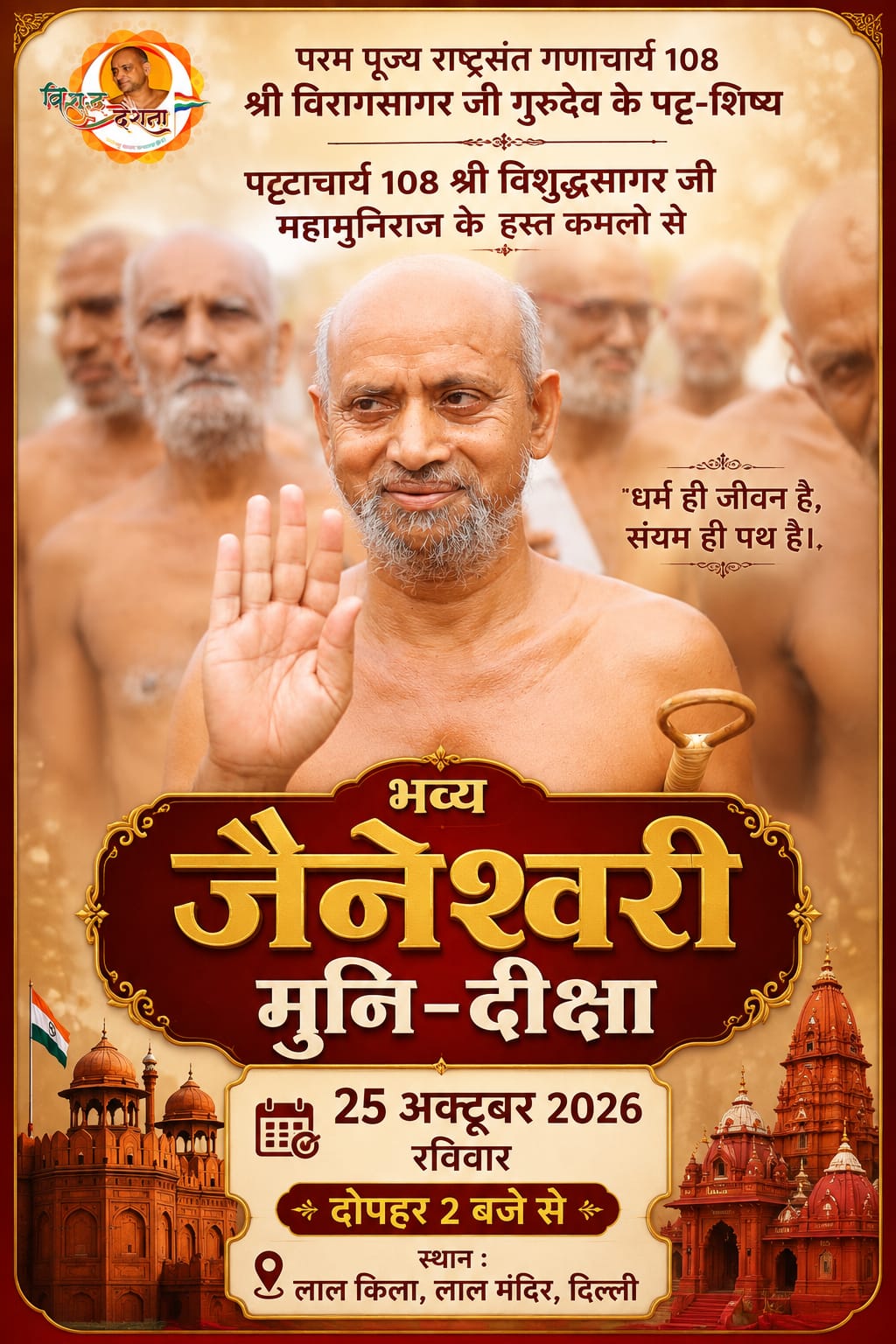 नई दिल्ली लाल किला रचेगा इतिहास: आचार्य विशुद्ध सागर जी के कर कमलों से 25 अक्टूबर को भव्य जैनेश्वरी मुनि दीक्षा