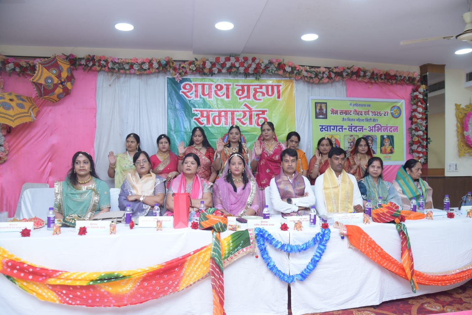 Members of Jain Milan Mahila City Centre Gwalior participate in the oath-taking ceremony and Hariyali Teej celebration, dressed in traditional Rajputana attire, with cultural performances and the swearing-in of the 2026–27 executive committee.