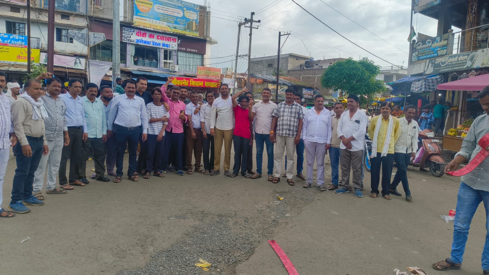 Congress workers celebrate the Datia Assembly by-election victory in Athner by distributing sweets, bursting fireworks, and gathering at the Athner bus stand under the leadership of local party leaders