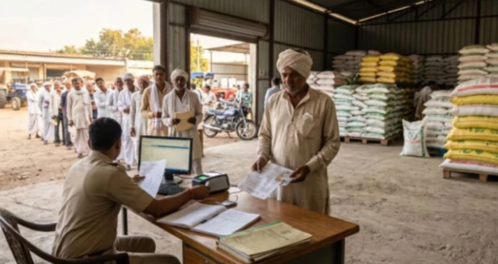 Farmers purchasing fertilizer at a distribution center in Madhya Pradesh as the state implements a new hybrid fertilizer distribution system, while the government extends Moong and Urad procurement slot booking until August 10, 2026