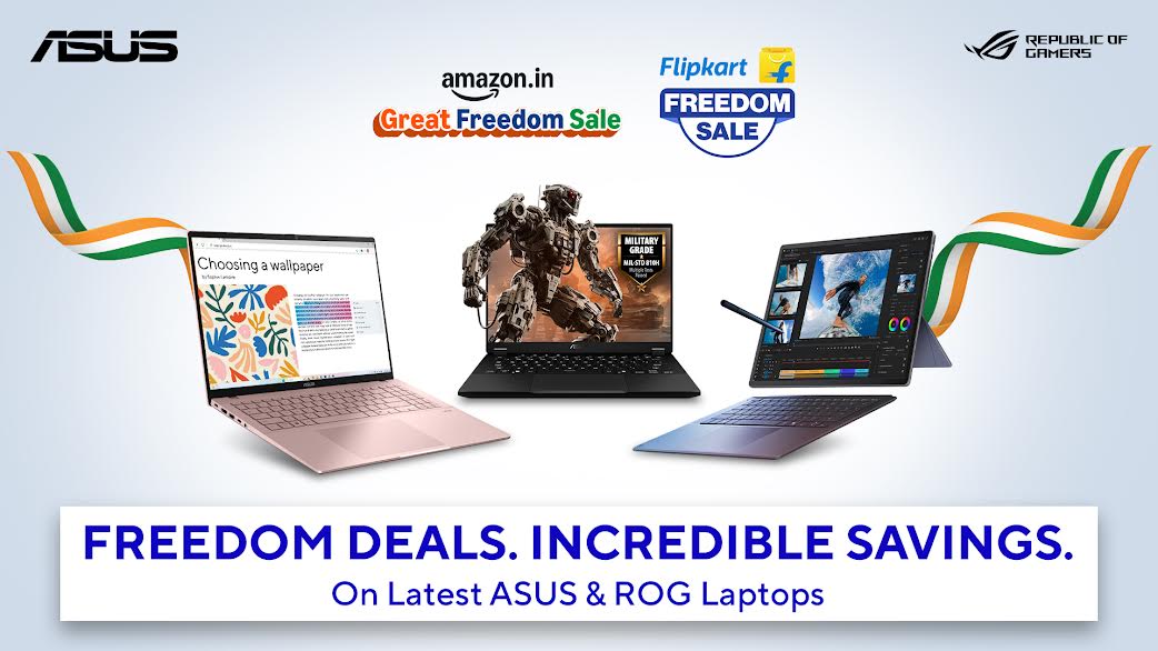 ASUS showcases its Independence Day 2026 laptop sale featuring up to 53% savings on ROG, TUF, Vivobook, and Zenbook series laptops, along with bank discounts, No Cost EMI, and warranty offers