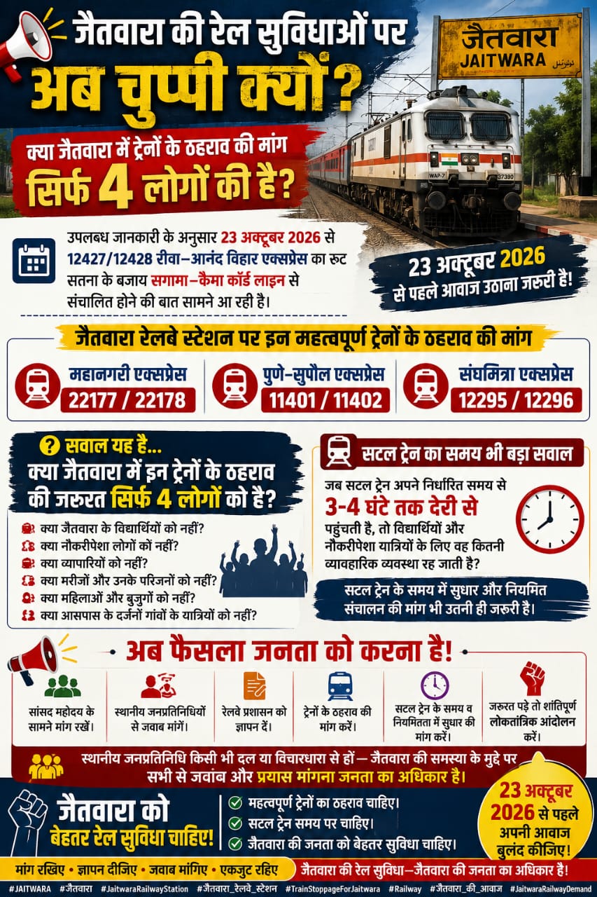 ब्रेकिंग : जैतवारा में इन 3 ट्रेनों के ठहराव की मांग, सटल ट्रेन का समय भी मुद्दा