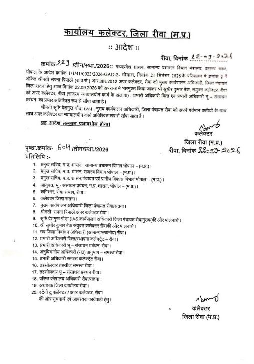 ब्रेकिंग न्यूज़: रीवा से अपर कलेक्टर सपना त्रिपाठी भारमुक्त, संयुक्त कलेक्टर सुधीर कुमार बेक को मिला प्रभार