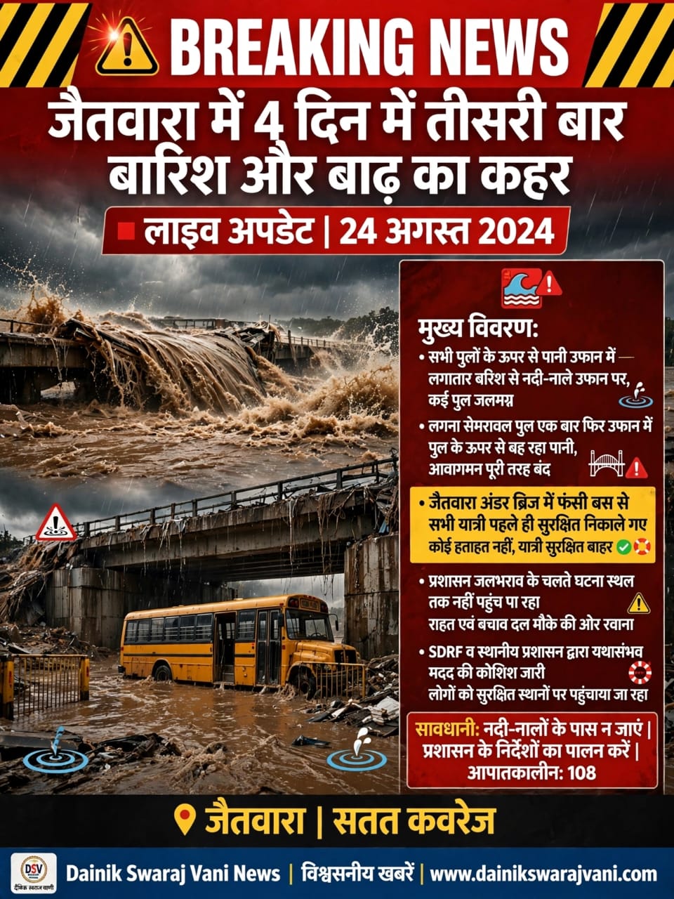 जैतवारा में 4 दिन में तीसरी बार बारिश-बाढ़ का कहर, पुलों के ऊपर से बह रहा पानी; अंडर ब्रिज में फंसी यात्री बस
